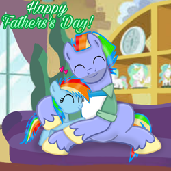 Size: 900x900 | Tagged: safe, artist:mlplary6, derpibooru import, bow hothoof, rainbow dash, pegasus, pony, eyes closed, father and child, father and daughter, father's day, female, filly, filly rainbow dash, foal, heart, hug, male, parent and child, smiling, stallion, younger