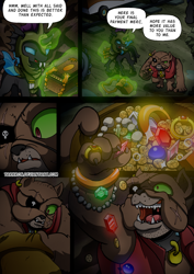 Size: 2408x3400 | Tagged: safe, artist:tarkron, derpibooru import, oc, changeling, diamond dog, comic:fusing the fusions, comic:time of the fusions, bag, box, changeling oc, clothes, collar, comic, commissioner:bigonionbean, dialogue, dog collar, eyepatch, friendship express, gold, guard, high res, horn, jewelry, magic, male, puddle, saddle bag, soldier, soldier pony, stallion, storm, train, train car, treasure, wings, writer:bigonionbean