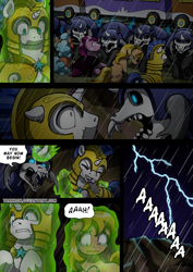 Size: 2408x3400 | Tagged: safe, artist:tarkron, derpibooru import, oc, changeling, earth pony, hybrid, pegasus, pony, undead, unicorn, comic:fusing the fusions, comic:time of the fusions, bag, carapace, changeling oc, clothes, collar, comic, commissioner:bigonionbean, crying, dialogue, female, filly, foal, friendship express, gag, guard, high res, horn, horror, insect wings, levitation, lightning, locomotive, magic, male, mare, prisoner, puddle, rain, royal guard, saddle bag, screaming, soldier, soldier pony, stallion, steam locomotive, storm, tape, tape gag, telekinesis, tied up, train, train car, wings, writer:bigonionbean