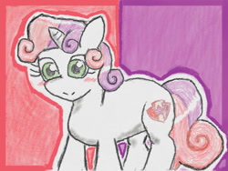 Size: 640x480 | Tagged: safe, artist:あすぐり, derpibooru import, sweetie belle, pony, unicorn, blushing, female, filly, foal, smiling, solo, traditional art