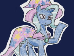 Size: 640x480 | Tagged: safe, artist:あすぐり, derpibooru import, trixie, pony, unicorn, brooch, cape, clothes, female, hat, jewelry, mare, raised hoof, raised leg, smiling, solo, traditional art, trixie's brooch, trixie's cape, trixie's hat