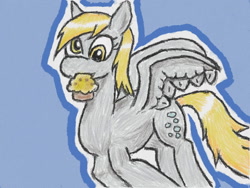 Size: 640x480 | Tagged: safe, artist:あすぐり, derpibooru import, derpy hooves, pegasus, pony, blue background, female, flying, food, mare, mouth hold, muffin, simple background, solo, spread wings, that pony sure does love muffins, traditional art, wings