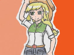 Size: 640x480 | Tagged: safe, artist:あすぐり, derpibooru import, applejack, human, equestria girls, applejack's hat, clothes, cowboy hat, female, freckles, hat, raised arm, shirt, skirt, solo, traditional art