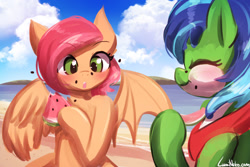 Size: 1125x750 | Tagged: safe, artist:lumineko, derpibooru import, oc, oc only, oc:fluttered wing, oc:skyyoshi, earth pony, pegasus, pony, bat wings, beach, blushing, clothes, cloud, duo, eyes closed, female, food, looking at someone, mare, melon, pegasus wings, scarf, seeds, sky, watermelon, wings