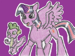 Size: 640x480 | Tagged: safe, artist:あすぐり, derpibooru import, spike, twilight sparkle, twilight sparkle (alicorn), alicorn, dragon, pony, duo, duo male and female, female, glowing, glowing horn, horn, magic, male, mare, open mouth, purple background, raised fist, simple background, spread wings, tail, traditional art, wings