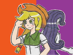 Size: 640x480 | Tagged: safe, artist:あすぐり, derpibooru import, applejack, rarity, human, equestria girls, applejack's hat, blushing, clothes, cowboy hat, digitally colored, duo, duo female, female, hat, lesbian, raised arm, rarijack, rear view, shipping, traditional art