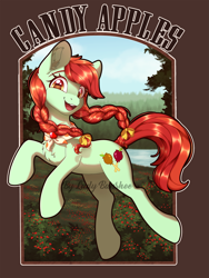 Size: 2255x3000 | Tagged: safe, artist:lady--banshee, derpibooru import, candy apples, earth pony, pony, apple family member, looking at you, solo, watermark