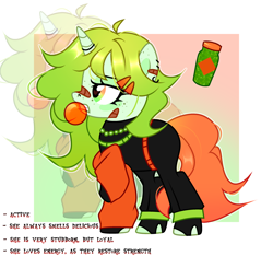 Size: 3072x2878 | Tagged: safe, artist:idkhesoff, derpibooru import, oc, oc only, oc:soor ploom, pony, unicorn, bandaid, bandaid on nose, belt, bubblegum, clothes, ear piercing, earring, female, fingerless gloves, food, freckles, gloves, gritted teeth, gum, hairclip, horn, horn ring, jewelry, mare, necklace, nose piercing, nose ring, pants, piercing, raised tail, reference sheet, ring, ripped stockings, shirt, socks, solo, stockings, sweatpants, tail, teeth, thigh highs, torn clothes, torn socks