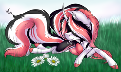 Size: 2468x1471 | Tagged: safe, artist:beamybutt, derpibooru import, oc, oc only, pony, unicorn, colored hooves, ear fluff, ears, flower, hair over eyes, horn, lying down, prone, solo, unicorn oc