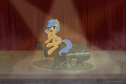 Size: 3426x2284 | Tagged: safe, artist:dolenore, derpibooru import, oc, oc only, oc:da capo aria, earth pony, earth pony oc, lounge, microphone, musical instrument, piano, singing, solo, spotlight, stage