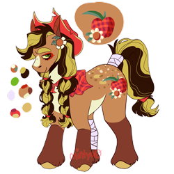 Size: 1920x1920 | Tagged: safe, artist:mintyo0s, derpibooru import, applejack, earth pony, pony, bandage, braid, female, flower, flower in hair, hat, mare, redesign, simple background, solo, story included, tail, tail wrap, transparent background