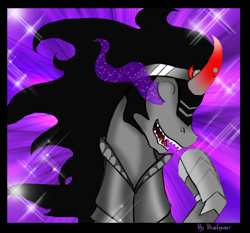 Size: 762x709 | Tagged: safe, artist:binikastar, derpibooru import, king sombra, pony, unicorn, 2012, abstract background, bust, curved horn, hoof shoes, horn, male, old art, raised hoof, raised leg, solo, sombra eyes, stallion