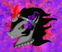 Size: 800x673 | Tagged: safe, artist:binikastar, derpibooru import, king sombra, pony, unicorn, abstract background, bust, curved horn, fangs, horn, male, solo, sombra eyes, stallion