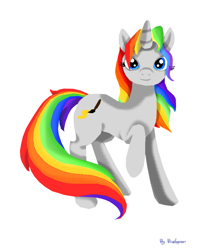 Size: 663x800 | Tagged: safe, artist:binikastar, derpibooru import, oc, oc only, pony, unicorn, eyelashes, female, horn, mare, multicolored hair, rainbow hair, raised hoof, raised leg, simple background, smiling, solo, unicorn oc, white background