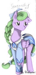 Size: 600x1254 | Tagged: safe, artist:binikastar, derpibooru import, oc, oc only, oc:serenity, pegasus, pony, bow, braid, female, hair bow, mare, pegasus oc, raised hoof, raised leg, simple background, solo, story included, white background, wings