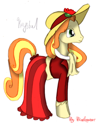 Size: 600x779 | Tagged: safe, artist:binikastar, derpibooru import, oc, oc only, earth pony, pony, clothes, dress, earth pony oc, female, hat, mare, simple background, smiling, solo, story included, sun hat, white background