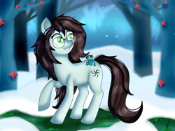 Size: 1368x1023 | Tagged: safe, artist:lelka-philka, derpibooru import, oc, oc only, earth pony, frog, pony, female, forest, glasses, snow