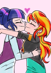 Size: 504x720 | Tagged: safe, artist:lelka-philka, derpibooru import, sci-twi, sunset shimmer, twilight sparkle, equestria girls, duo, eyes closed, female, heart, hug, human coloration, lesbian, scitwishimmer, shipping, simple background, sunsetsparkle