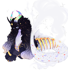 Size: 1924x2004 | Tagged: safe, artist:razi-hell, derpibooru import, oc, oc only, draconequus, hybrid, original species, seapony (g4), black mane, curved horn, dorsal fin, female, fish tail, flowing tail, horn, horns, lying down, simple background, solo, sparkles, tail, transparent background