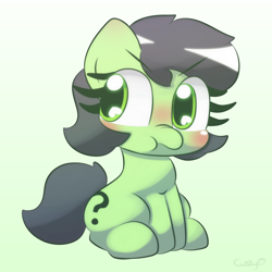 Size: 2000x2000 | Tagged: safe, artist:cushyhoof, oc, oc only, oc:anon filly, earth pony, pony, angry, blushing, cute, earth pony oc, eye clipping through hair, eyebrows, eyebrows visible through hair, female, filly, foal, frown, gradient background, grumpy, high res, madorable, nose wrinkle, ocbetes, signature, sitting, solo