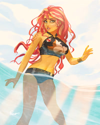 Size: 3200x4000 | Tagged: safe, artist:joe pekar, derpibooru import, part of a set, sunset shimmer, human, equestria girls, equestria girls series, forgotten friendship, bare shoulders, bikini, bikini babe, bracelet, clothes, female, geode of empathy, grin, high res, jewelry, looking at you, magical geodes, ocean, open mouth, sleeveless, smiling, smiling at you, solo, swimsuit, water