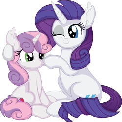 Size: 7701x7713 | Tagged: safe, artist:cyanlightning, derpibooru import, rarity, sweetie belle, pony, unicorn, .svg available, absurd resolution, boop, cute, duo, duo female, female, filly, foal, mare, one eye closed, siblings, simple background, sisters, sitting, transparent background, vector, wink
