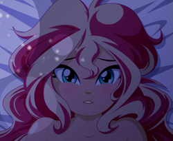 Size: 1057x865 | Tagged: safe, artist:rosemile mulberry, derpibooru import, edit, sunset shimmer, equestria girls, adorable face, adorasexy, beautiful, beautiful eyes, beautisexy, bed, blushing, cropped, cute, female, implied nudity, lidded eyes, looking, looking at you, messy hair, night, offscreen character, pov, questionable source, sexy, sheet, solo, sparkles, stupid sexy sunset shimmer