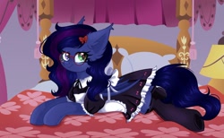 Size: 1202x741 | Tagged: safe, artist:freyamilk, derpibooru import, oc, oc only, oc:shadow twinkle, bat pony, pony, bat pony oc, bed, bow, clothes, femboy, glasses, hair bow, looking at you, lying down, maid, male, on bed, prone, smiling, smiling at you, solo, stallion