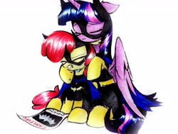 Size: 2922x2207 | Tagged: safe, artist:liaaqila, derpibooru import, apple bloom, twilight sparkle, twilight sparkle (alicorn), alicorn, earth pony, pony, barbara gordon, batgirl, clothes, comforting, costume, crying, dc comics, duo, duo female, eyebrows, eyebrows visible through hair, eyes closed, female, filly, foal, frown, high res, mare, partially open wings, sad, simple background, sitting, tara strong, teeth, voice actor joke, white background, wings