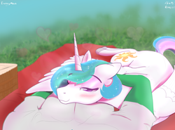 Size: 3000x2216 | Tagged: safe, artist:enonnnymous, derpibooru import, princess celestia, oc, oc:anon, alicorn, human, pony, /sun/, bags under eyes, basket, blanket, blushing, clothes, female, grass, heart, heart eyes, hug, human on pony snuggling, looking at you, love, male, mare, offscreen character, picnic, pov, romantic, shirt, sleepy, snuggling, wingding eyes, winghug, wings