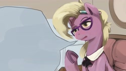 Size: 3840x2160 | Tagged: safe, artist:applephil, derpibooru import, grace manewitz, earth pony, pony, female, glasses, high res, lidded eyes, mare, pencil behind ear, solo, speech bubble, underhoof