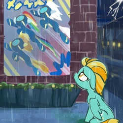 Size: 2048x2048 | Tagged: safe, artist:pfeffaroo, derpibooru import, fleetfoot, lightning dust, rainbow dash, spitfire, pegasus, pony, lightning, poster, rain, sad, wonderbolts