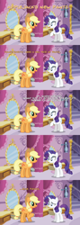 Size: 1920x5400 | Tagged: safe, artist:wissle, derpibooru import, applejack, rarity, earth pony, pony, unicorn, bucket, caption, carousel boutique, comic, curtains, duo, duo female, eye contact, eyeshadow, fashion, female, frown, full comic, high res, looking at each other, looking at someone, makeup, mare, mirror, open mouth, open smile, raised hoof, raised leg, show accurate, smiling, smiling at each other, sound at source, stairs, text, vector, youtube link, youtube link in the description