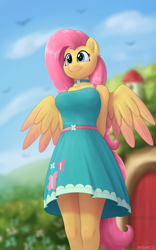 Size: 2500x4000 | Tagged: safe, artist:irisarco, derpibooru import, part of a set, fluttershy, anthro, bird, pegasus, arm behind back, bare shoulders, blurry background, breasts, choker, clothes, cloud, colored wings, day, dress, ear fluff, ear piercing, ears, female, flower, fluttershy's cottage, hootershy, outdoors, piercing, sky, smiling, spread wings, standing, tail, upskirt, watermark, wings