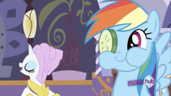 Size: 1334x750 | Tagged: safe, derpibooru import, screencap, rainbow dash, rarity, pegasus, pony, unicorn, ponyville confidential, cheek bulge, cucumber, eating, eyes closed, food, hub logo, logo, open mouth, open smile, smiling, the hub