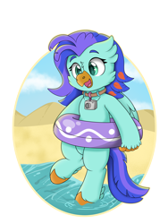 Size: 3024x4032 | Tagged: safe, artist:rokosmith26, derpibooru import, oc, oc only, oc:sea lilly, classical hippogriff, hippogriff, beach, beak, bipedal, camera, commission, cute, female, floaty, happy, hippogriff oc, holding, inner tube, jewelry, mare, necklace, ocbetes, open mouth, sand, simple background, solo, spread wings, standing, unshorn fetlocks, water, wings, your character here