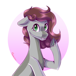 Size: 1024x1024 | Tagged: safe, artist:maeveadair, derpibooru import, oc, oc only, oc:cj vampire, earth pony, pony, gradient background, looking at you, smiling, solo