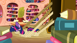 Size: 1280x720 | Tagged: safe, artist:dingdingxu377, derpibooru import, twilight sparkle, unicorn twilight, pony, unicorn, bandage, bondage, book, ear fluff, ears, eyebrows, eyebrows visible through hair, female, gag, golden oaks library, lying down, mare, mummification, mummy, one eye closed, open mouth, prone, sarcophagus, sequence, solo