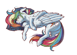 Size: 2000x1424 | Tagged: safe, artist:madhotaru, derpibooru import, rainbow dash, pegasus, simple background, sleeping, solo, white background