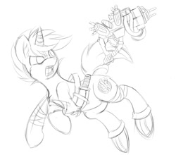 Size: 1500x1320 | Tagged: safe, artist:knifeh, derpibooru import, oc, oc only, pony, unicorn, action pose, gun, jumping, knife, monochrome, open mouth, sketch, solo, weapon