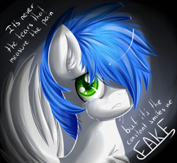 Size: 900x830 | Tagged: safe, artist:knifeh, derpibooru import, oc, oc only, oc:nife, pegasus, pony, bust, crying, depressed, depression, frown, furrowed brow, portrait, quote, solo, wings