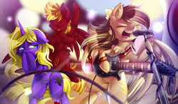 Size: 1800x1049 | Tagged: safe, artist:knifeh, derpibooru import, oc, oc only, oc:prince whateverer, pegasus, pony, unicorn, bipedal, dancing, electric guitar, embarrassed, eyes closed, female, guitar, male, mare, microphone, musical instrument, singing, stallion, trio, wallpaper