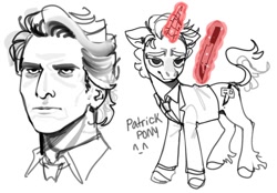 Size: 640x445 | Tagged: safe, artist:doctor-pepo, derpibooru import, human, pony, unicorn, american psycho, blood, clothes, glowing, glowing horn, horn, knife, lineart, magic, monochrome, patrick bateman, ponified, simple background, solo, suit, telekinesis, unshorn fetlocks, white background