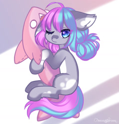 Size: 1737x1815 | Tagged: safe, artist:monstrum, derpibooru import, oc, oc:nancy, earth pony, shark, cute, looking at you, lying, toy