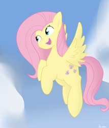 Size: 3000x3500 | Tagged: safe, artist:reinbou, derpibooru import, fluttershy, pegasus, pony, cloud, female, flying, happy, mare, open mouth, sky, solo