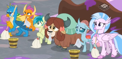 Size: 1600x779 | Tagged: safe, derpibooru import, screencap, gallus, ocellus, sandbar, silverstream, smolder, yona, changedling, changeling, classical hippogriff, dragon, earth pony, griffon, hippogriff, pony, yak, the hearth's warming club, boomerang (tv channel), bucket, cropped, mop, student six, wipe
