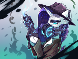 Size: 2000x1500 | Tagged: safe, artist:freak-side, derpibooru import, rarity, pony, unicorn, abstract background, augmented, clothes, coat, cyberpunk, female, gun, hat, hoof hold, horn, looking at you, mare, mask, solo, weapon