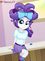 Size: 985x1332 | Tagged: safe, artist:tabrony23, derpibooru import, rarity, equestria girls, beautiful, boots, bow, clothes, cute, eyebrows, eyeshadow, female, hair bow, hairstyle, looking at you, makeup, patreon, patreon logo, raribetes, shoes, show accurate, signature, sitting, smiling, smiling at you, solo