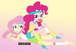 Size: 1150x786 | Tagged: safe, artist:excelso36, fluttershy, pinkie pie, human, equestria girls, barefoot, clothes, concerned, foot fetish, gym shorts, humanized, licking foot, shorts, simple background, spongebob reference, sports shorts, tongue, tongue out, wrestling