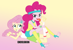 Size: 1150x786 | Tagged: safe, alternate version, artist:excelso36, fluttershy, pinkie pie, human, equestria girls, barefoot, clothes, concerned, foot fetish, gym shorts, humanized, licking foot, shorts, simple background, spongebob reference, sports shorts, tongue, tongue out, wrestling